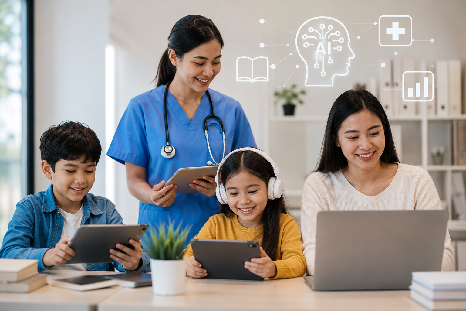 A healthcare professional and family using educational technology